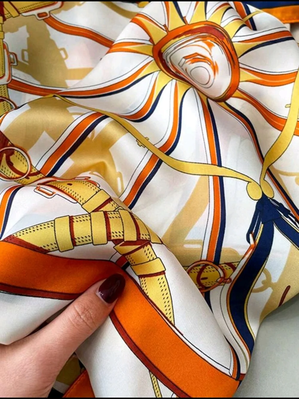 Classic Silk-Feel Orange & Navy Patterned Women's Scarf 27.5